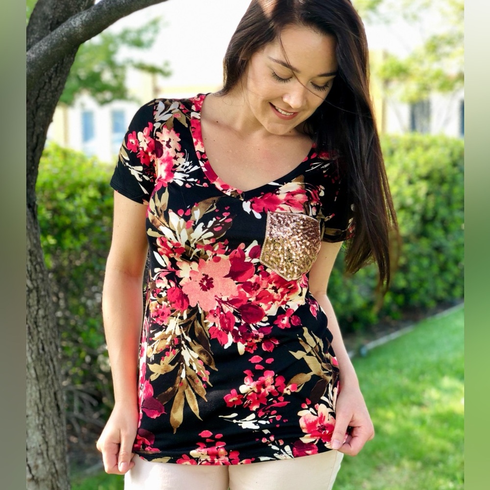 P.S. Kate Floral Top with Sequin Pocket